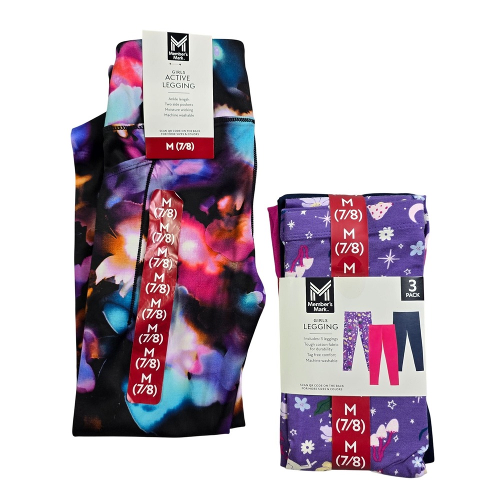Member's Mark Leggings Girls M 7/8 Multicolor Active Floral Cotton 4-Pack New